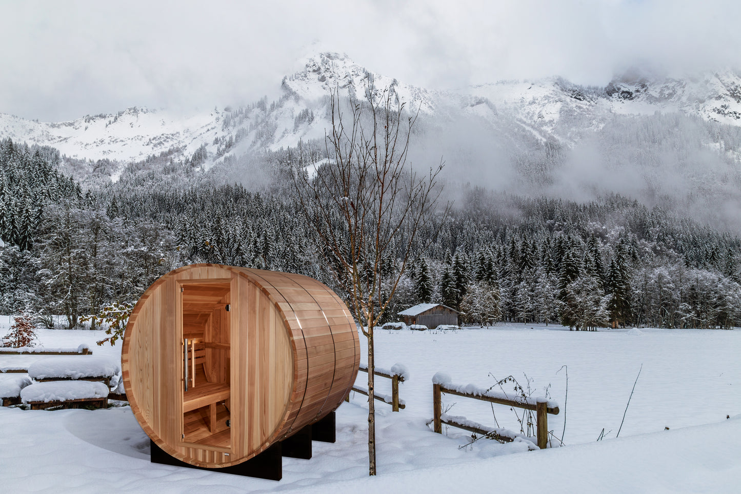Golden Designs "Arosa" 4-Person Outdoor Barrel Traditional Sauna - Pacific Cedar | GDI-B004-01