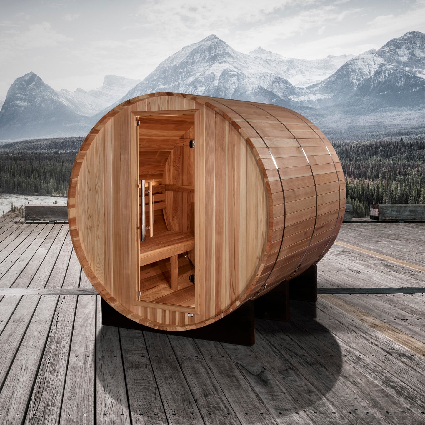 Golden Designs "Arosa" 4-Person Outdoor Barrel Traditional Sauna - Pacific Cedar | GDI-B004-01