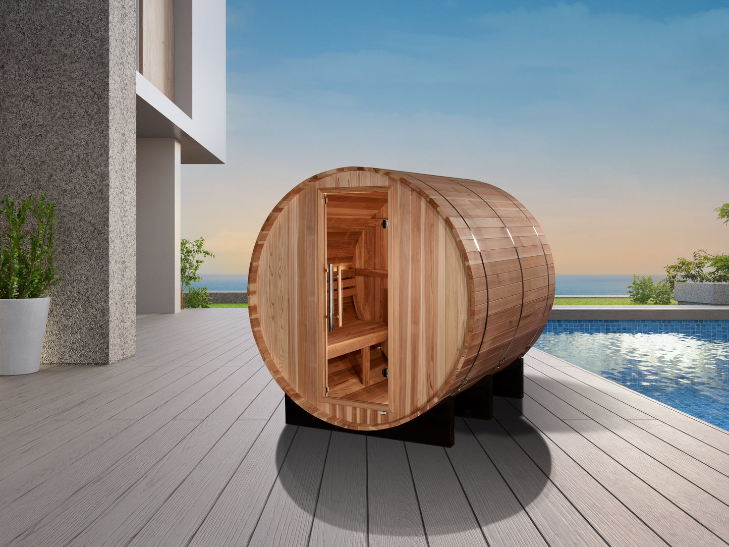 Golden Designs "Arosa" 4-Person Outdoor Barrel Traditional Sauna - Pacific Cedar | GDI-B004-01