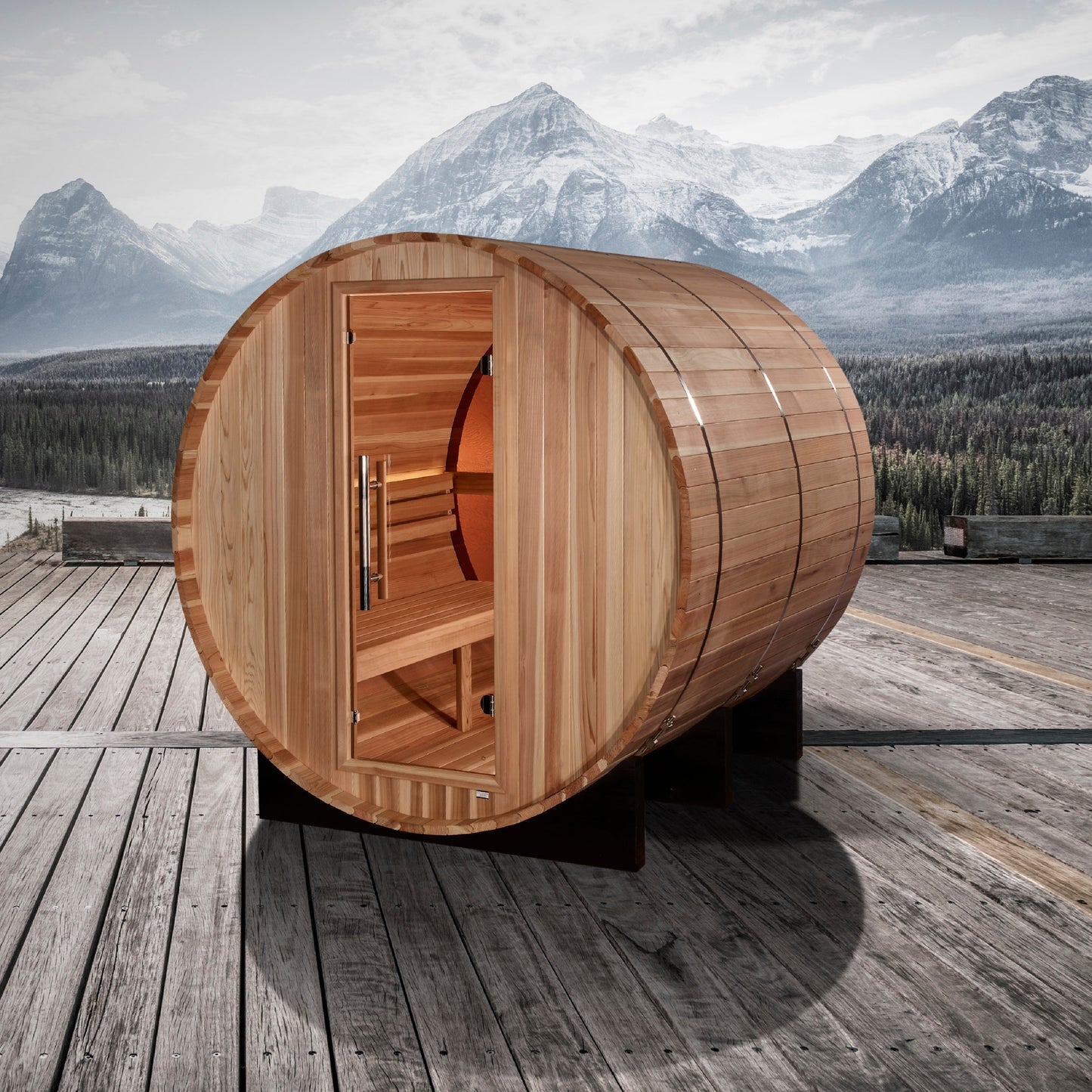 Zurich 4-Person Barrel Traditional Sauna with Bronze Privacy View