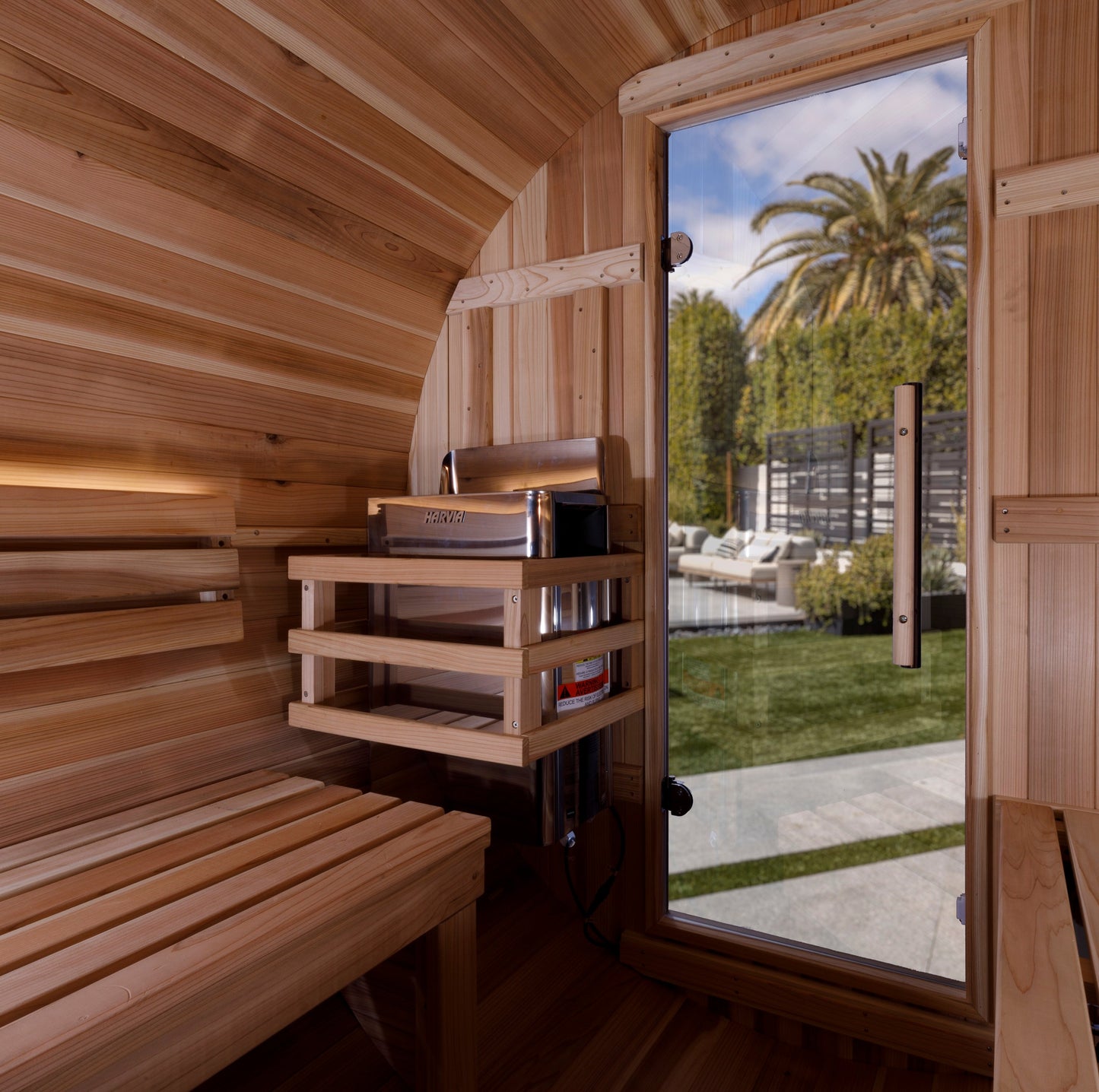 Zurich 4-Person Barrel Traditional Sauna with Bronze Privacy View